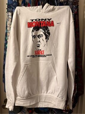 Graphic Image Tony Montana White Hoodie with Red and Black Print